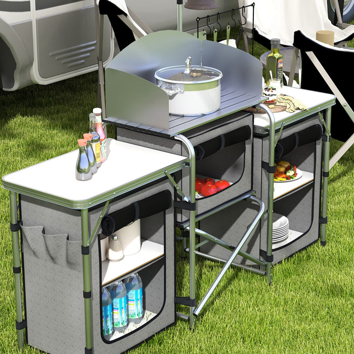 Folding Camping Kitchen, Portable Aluminium Camping Table w/ 3 Fabric Cupboards, Windshield, Stand, Carrying Bag for BBQ, RV