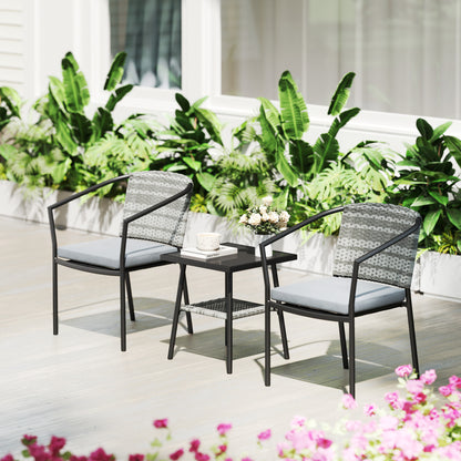 3 PCS Rattan Bistro Set with Cushions Glass Top Coffee Table and Chairs