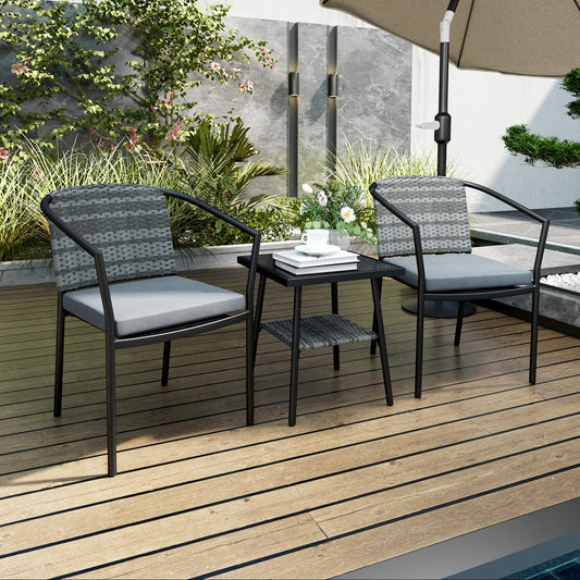 3 PCS Rattan Bistro Set with Cushions Glass Top Coffee Table and Chairs