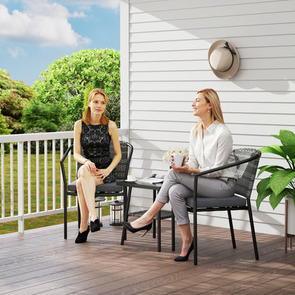 3 PCS Rattan Bistro Set with Cushions Glass Top Coffee Table and Chairs