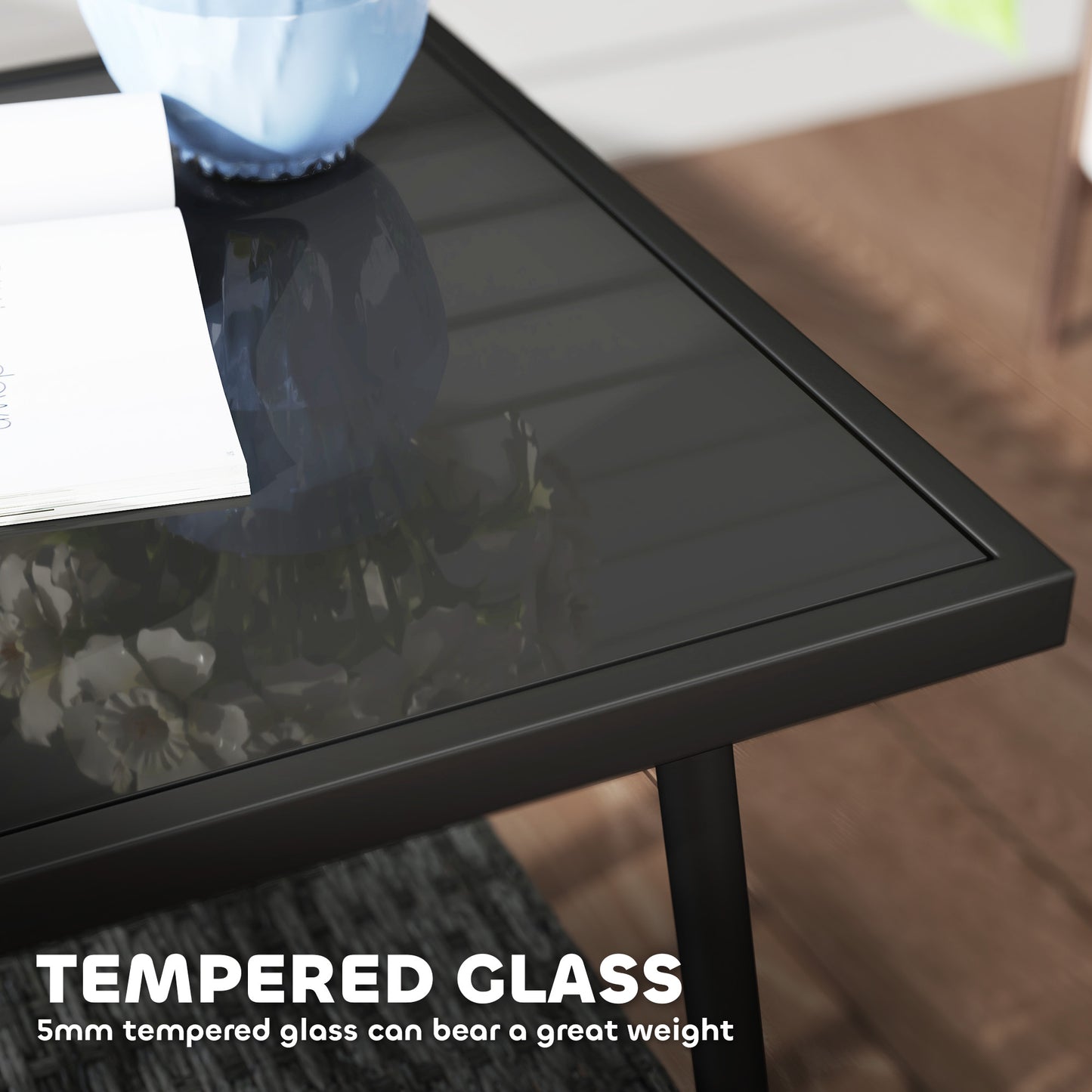 3 PCS Rattan Bistro Set with Cushions Glass Top Coffee Table and Chairs