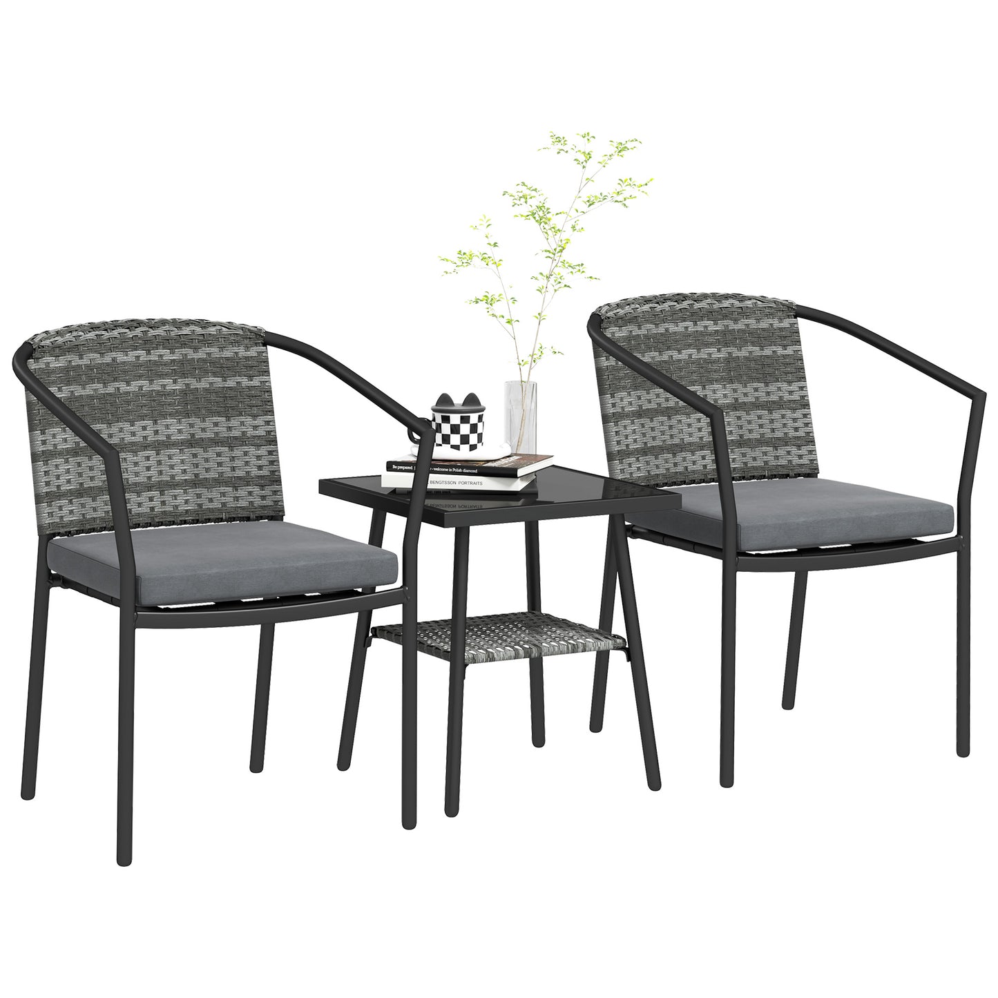 3 PCS Rattan Bistro Set with Cushions Glass Top Coffee Table and Chairs