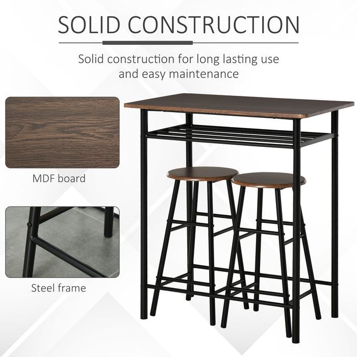 Bar Table Set, Bar Set-1 Bar Table and 2 Stools with Metal Frame Footrest and Storage Shelf, for Kitchen, Dining Room, Pub, Cafe, Black and Oak