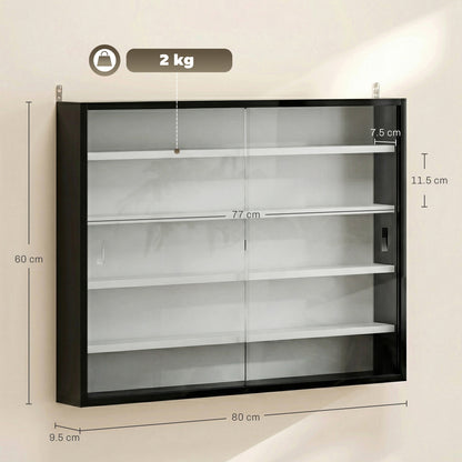 5-Tier Wall Display Shelf Cabinet with Glass Doors, Black and White