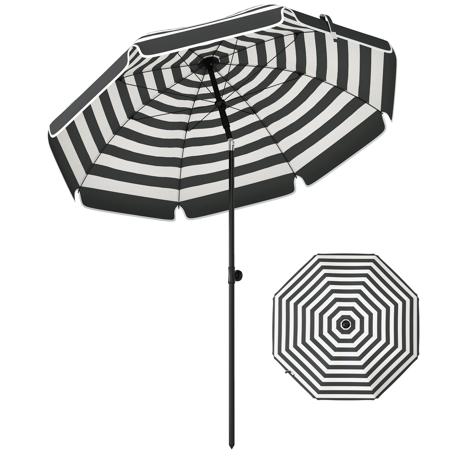 1.8 m Beach Umbrella Parasol with Sand Anchor, Tilt, Grey/White