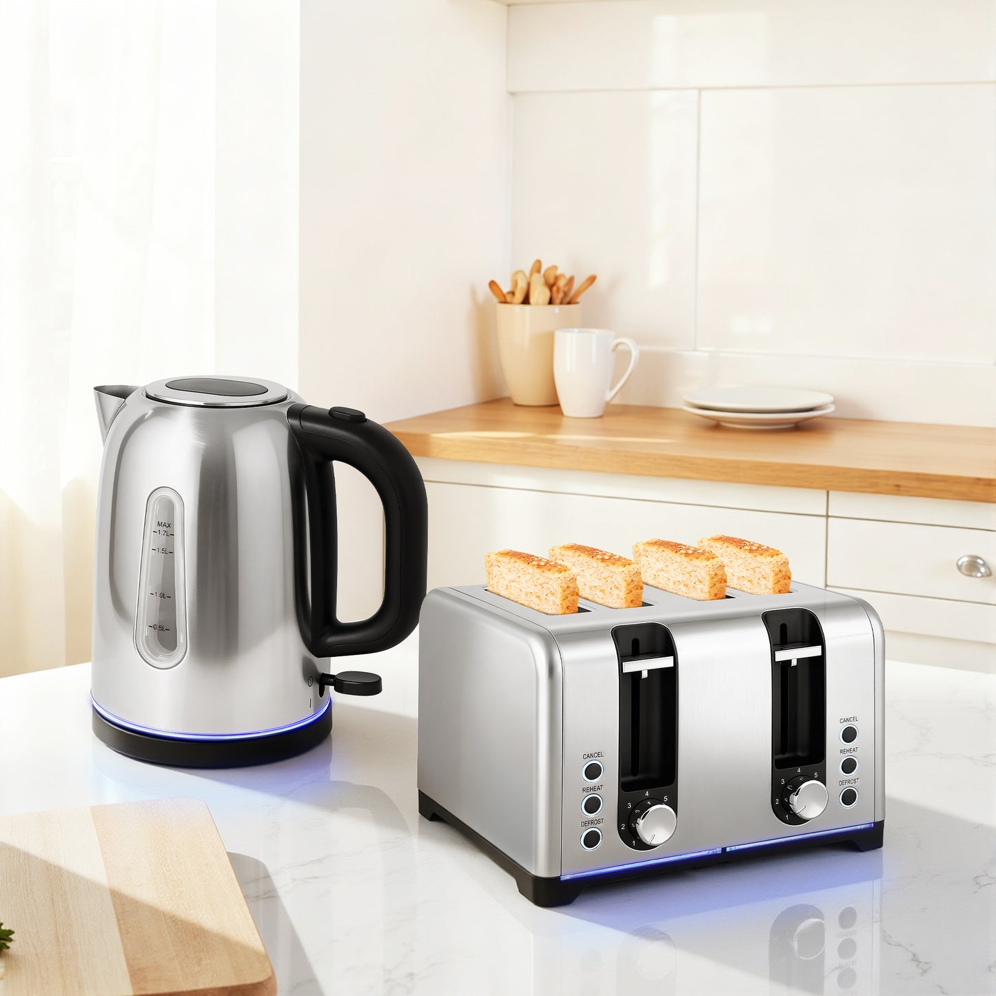 4 Slice Wide Slot Toaster and 1.7L Rapid Boil Kettle Set, Silver Tone