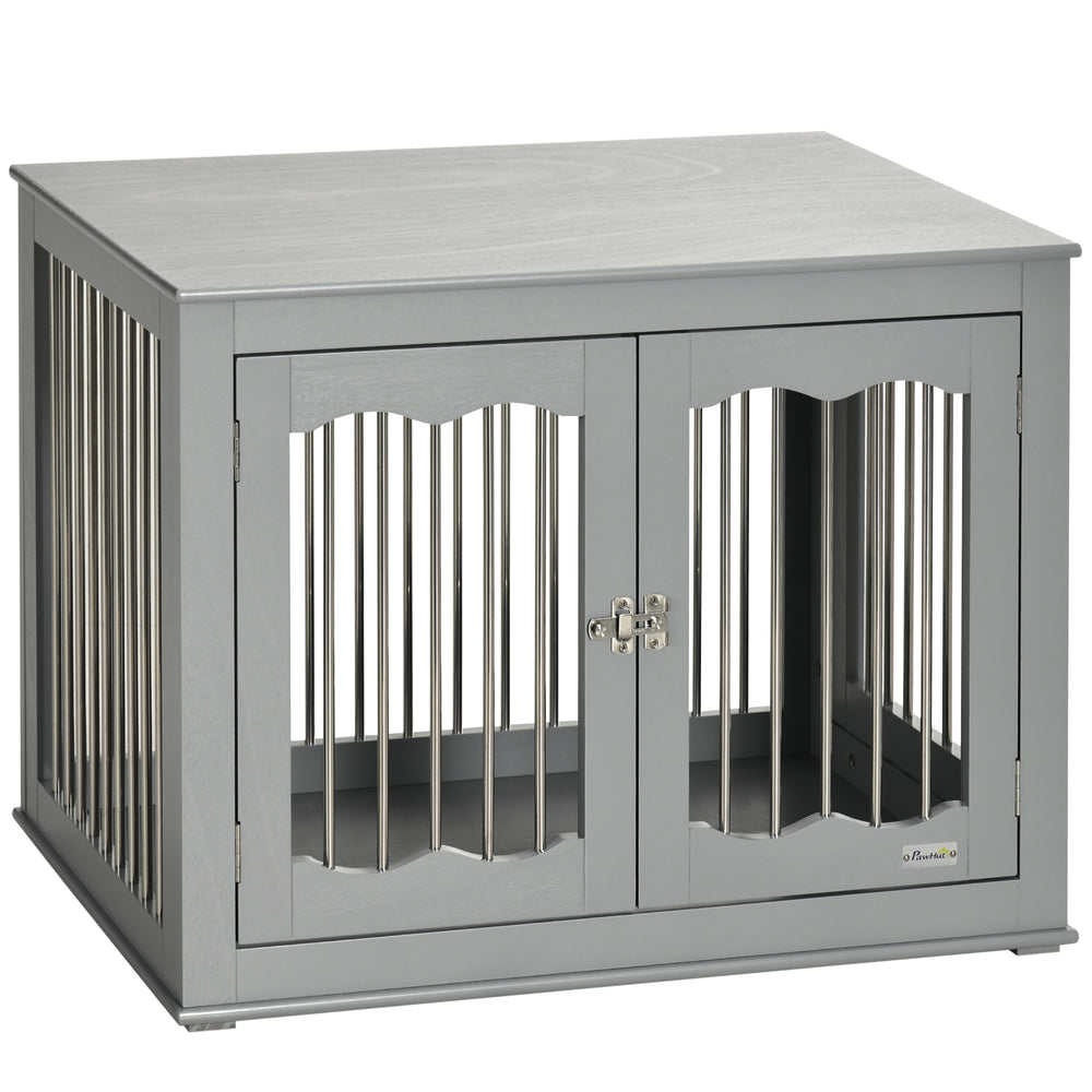 Dog Crate End Table with Three Doors, Furniture Style Dog Crate for Medium Dogs with Locks & Latches, Grey