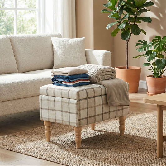 Rectangular Storage Stool, Linen-Look Fabric Upholstered Footstool with Removable Top, Padded Seat and Hidden Space for Living Room, Bedroom, Brown