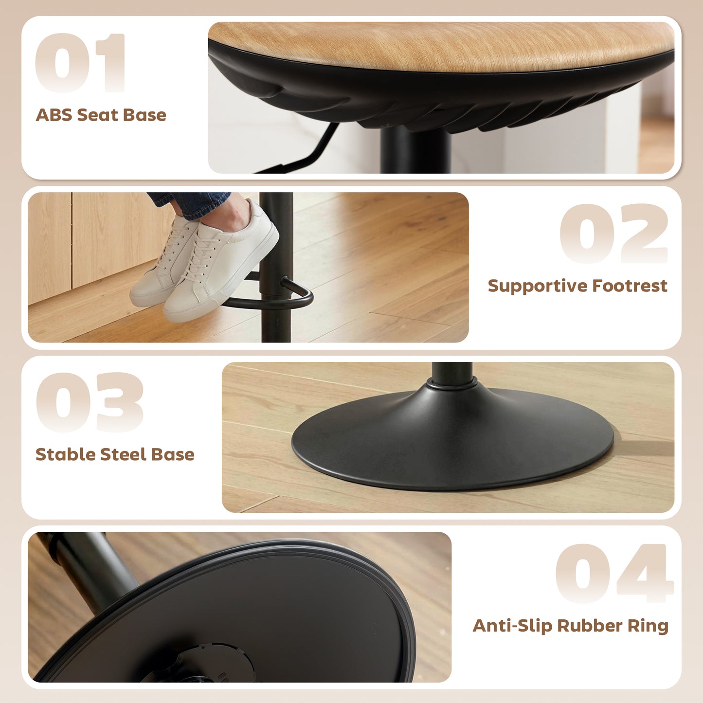 Set of 2 Breakfast Barstools, PU Leather Swivel Bar Stools, Oak