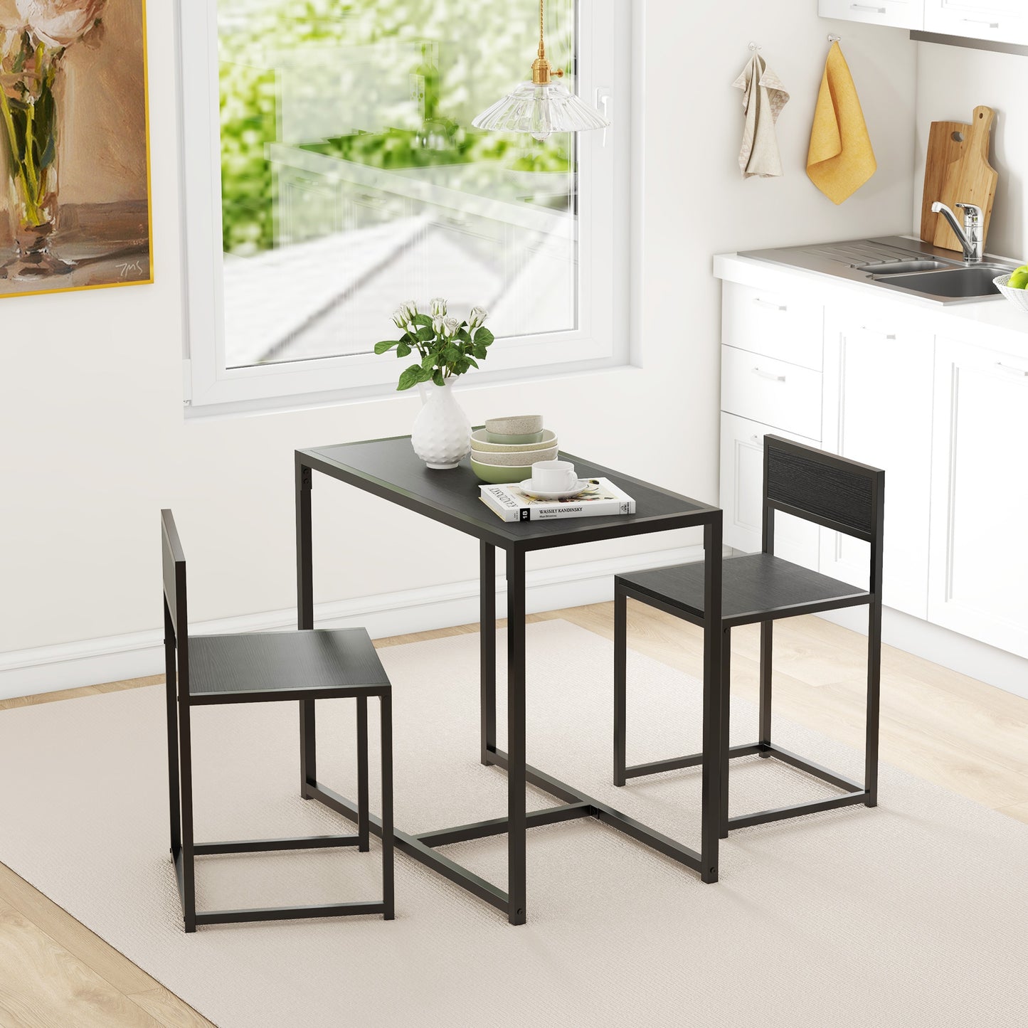 3 Piece Dining Table Set with Metal Frame, Black