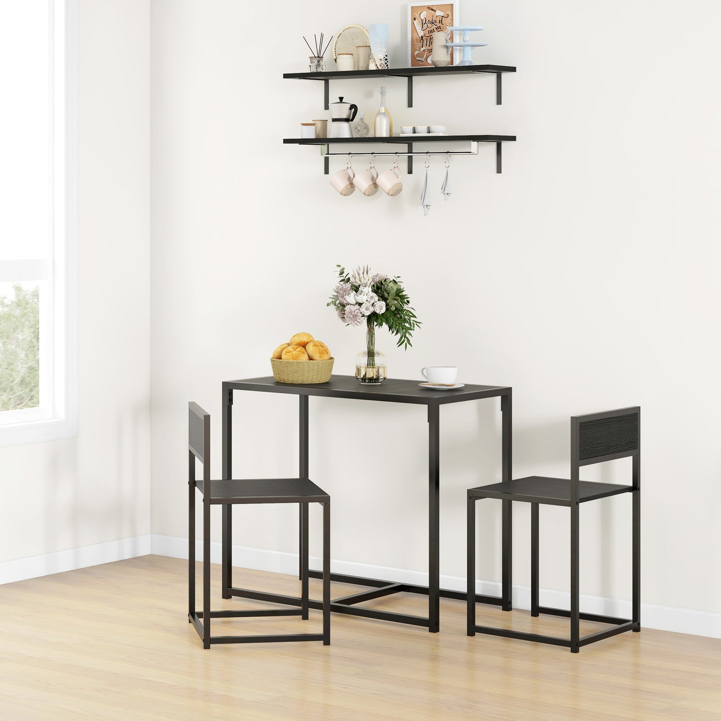 3 Piece Dining Table Set with Metal Frame, Black