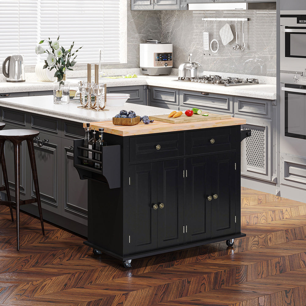 Rolling Kitchen Island Cart with Rubber Wood Top, Spices Black