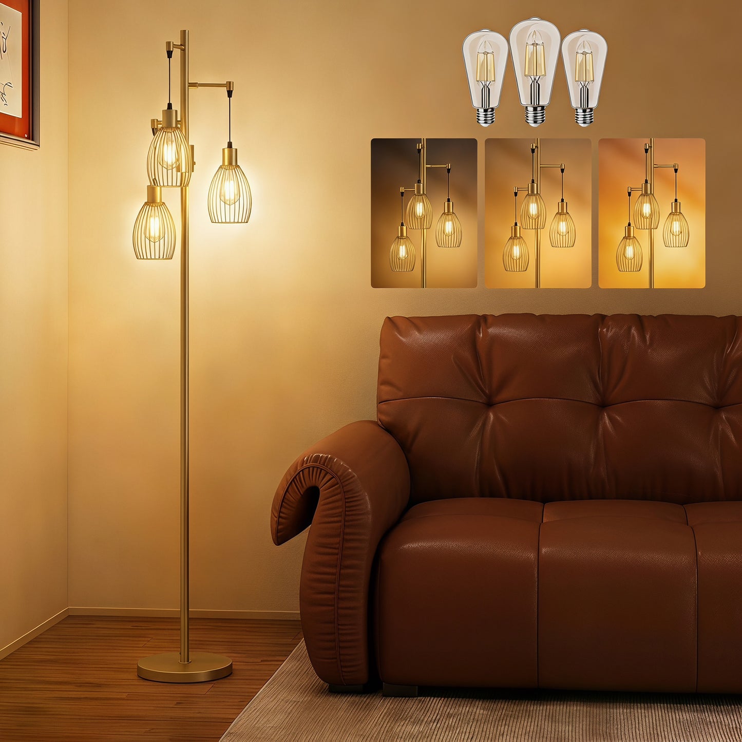Industrial 3-Light Floor Lamp Dimmable LED Standing Lamp, Gold Tone