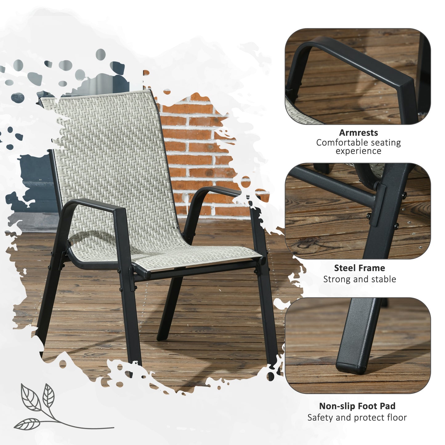 Stackable Outdoor Rattan Chairs Set of 4 with Armrests and Backrest, Mixed Grey