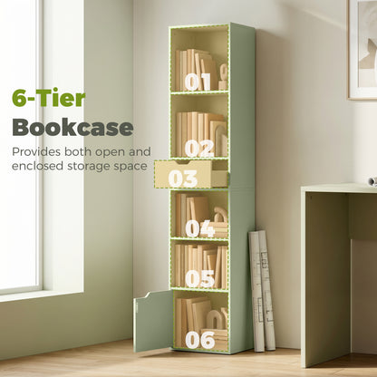 Narrow Bookshelf with Drawer, Tall Bookcase for Living Room, Green