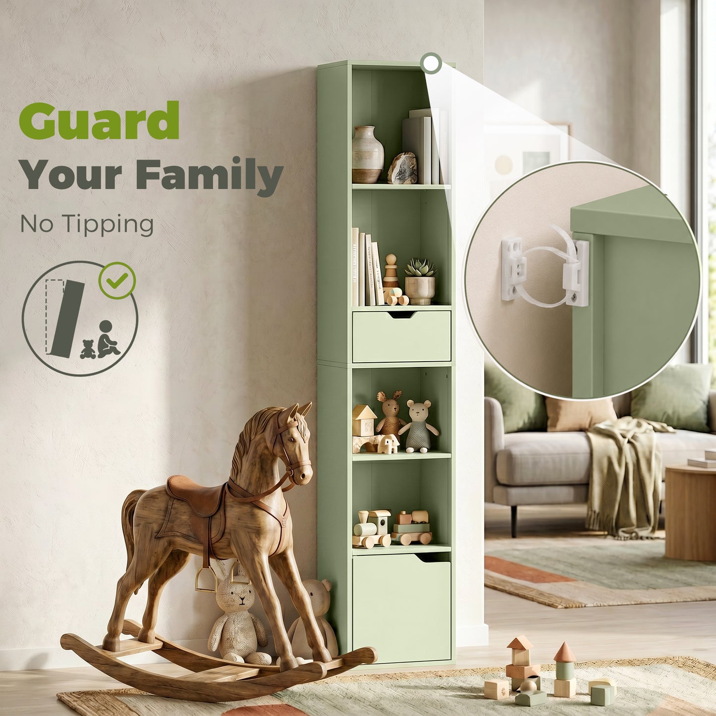 Narrow Bookshelf with Drawer, Tall Bookcase for Living Room, Green