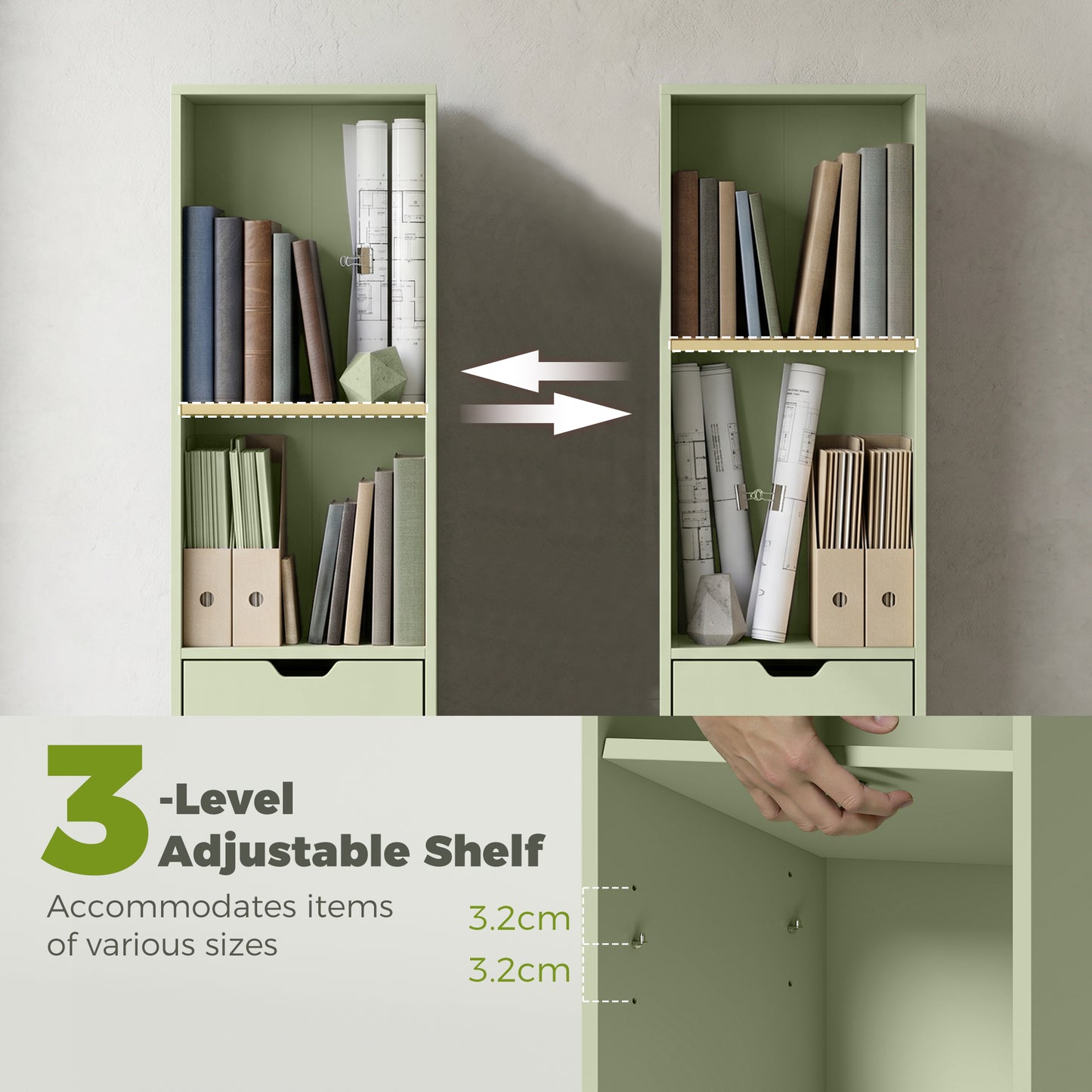 Narrow Bookshelf with Drawer, Tall Bookcase for Living Room, Green