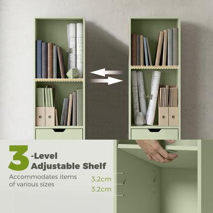 Narrow Bookshelf with Drawer, Tall Bookcase for Living Room, Green