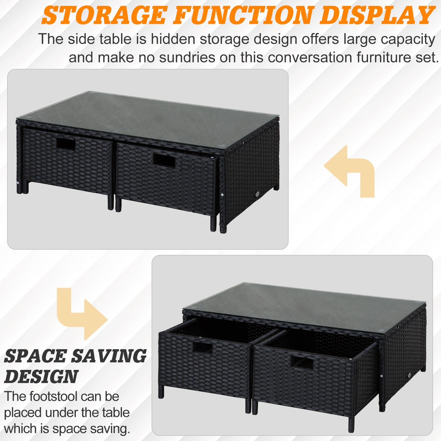 Outsunny 4 Pcs Rattan Wicker Garden Furniture Patio Sofa Storage & Table Set w/ 2 Drawers Coffee Table,Great Cushioned 4 Seats Corner Sofa - Black