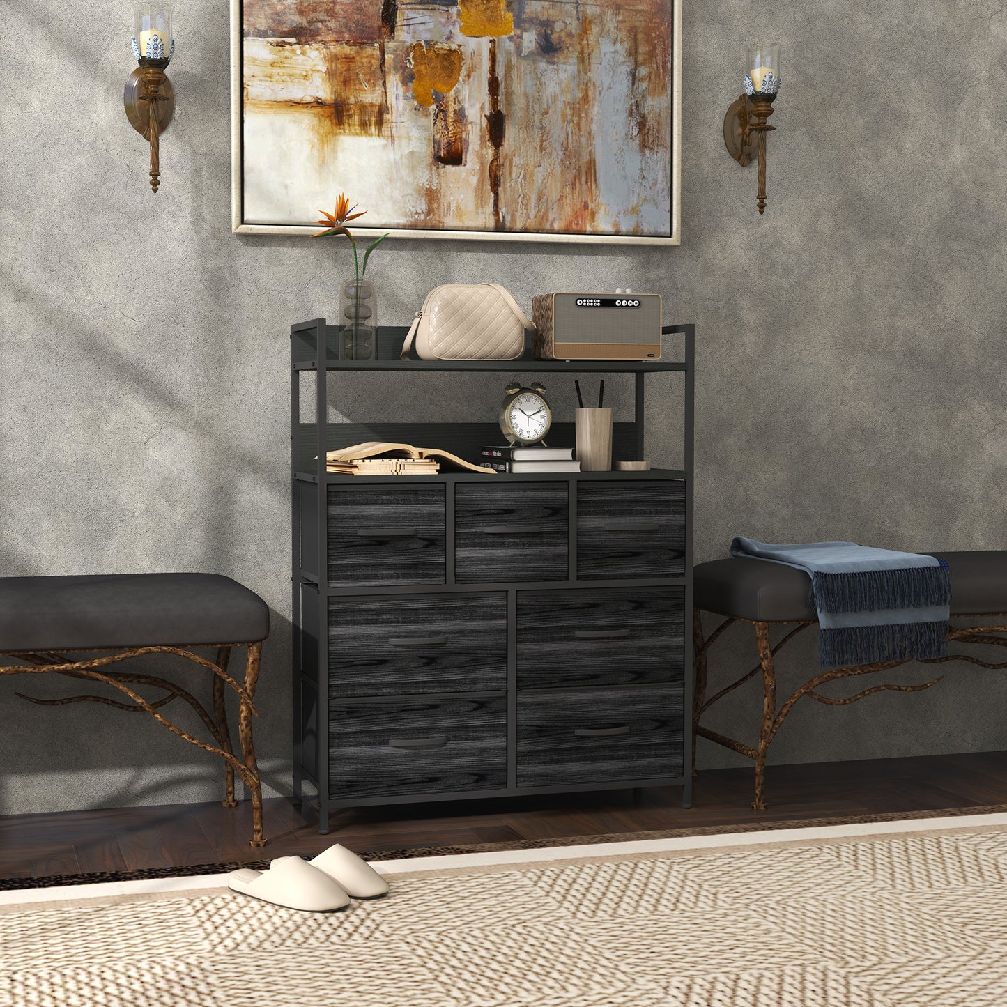 Bedroom Chest of Drawers 7 Drawer Dresser w/ Shelves, Black