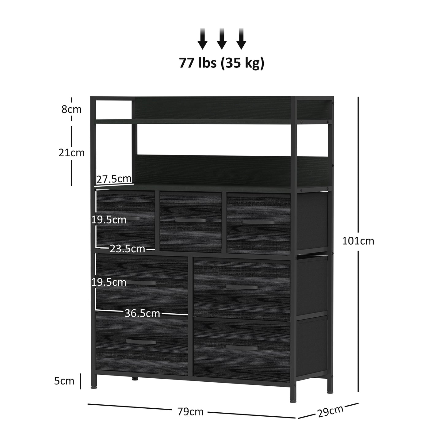 Bedroom Chest of Drawers 7 Drawer Dresser w/ Shelves, Black