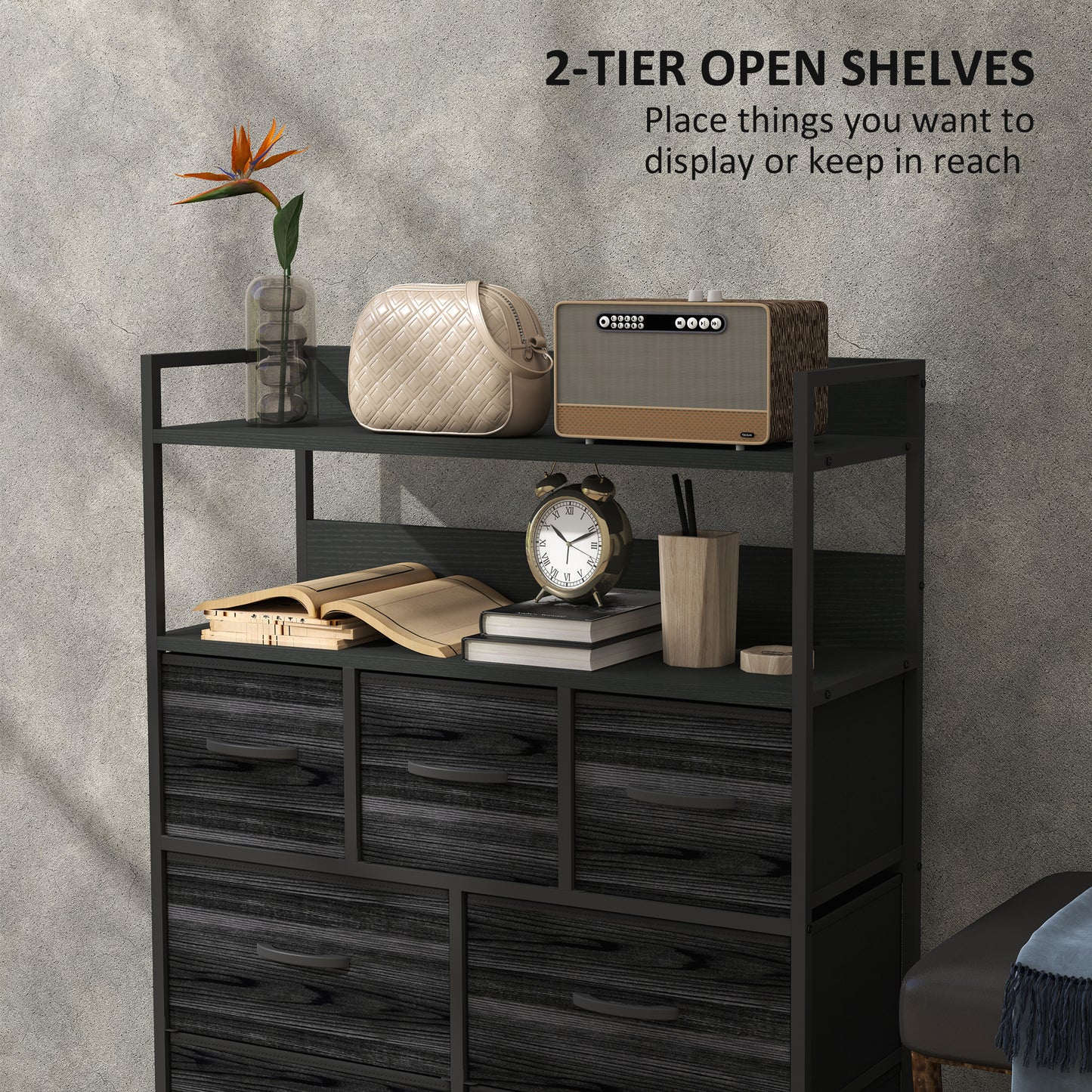 Bedroom Chest of Drawers 7 Drawer Dresser w/ Shelves, Black