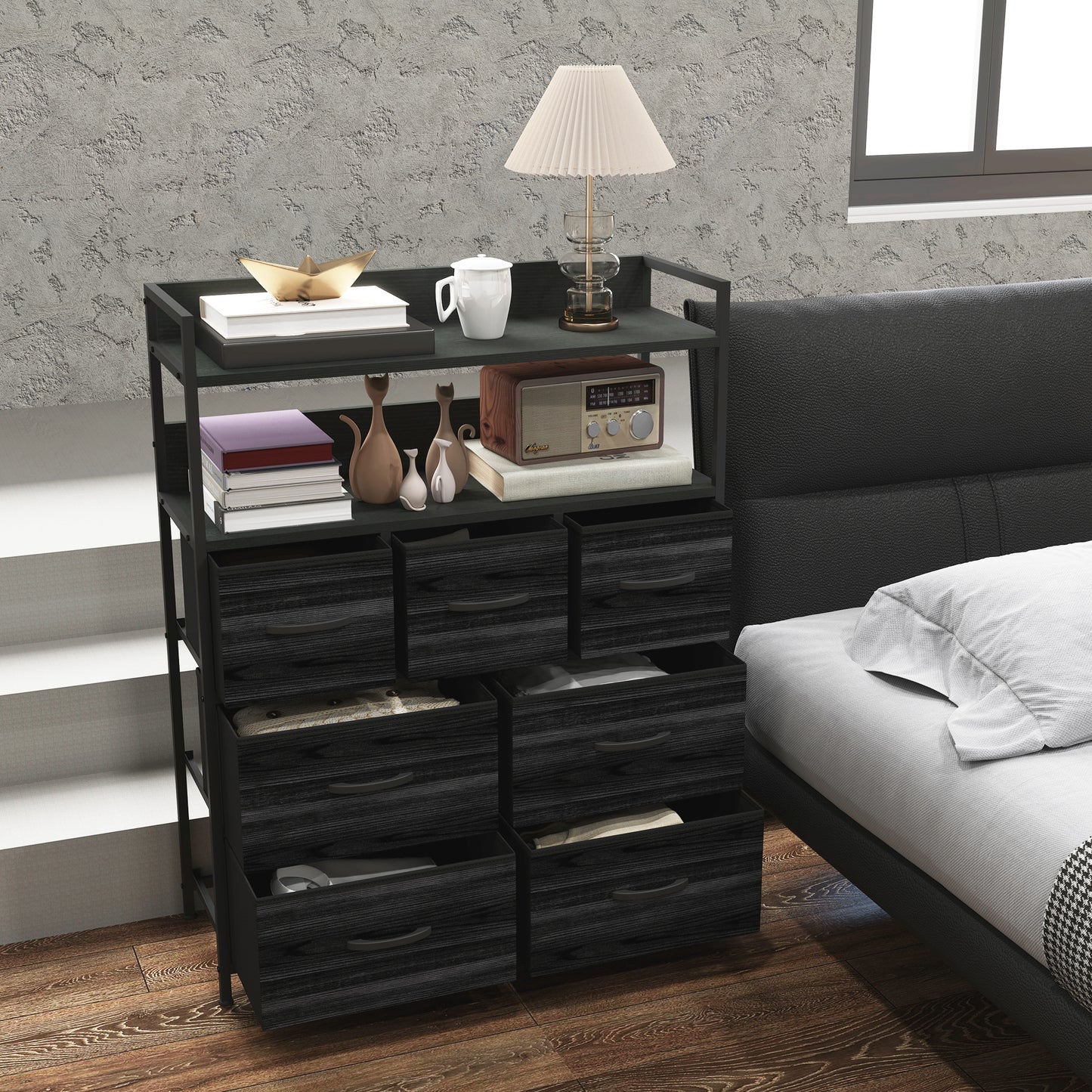 Bedroom Chest of Drawers 7 Drawer Dresser w/ Shelves, Black