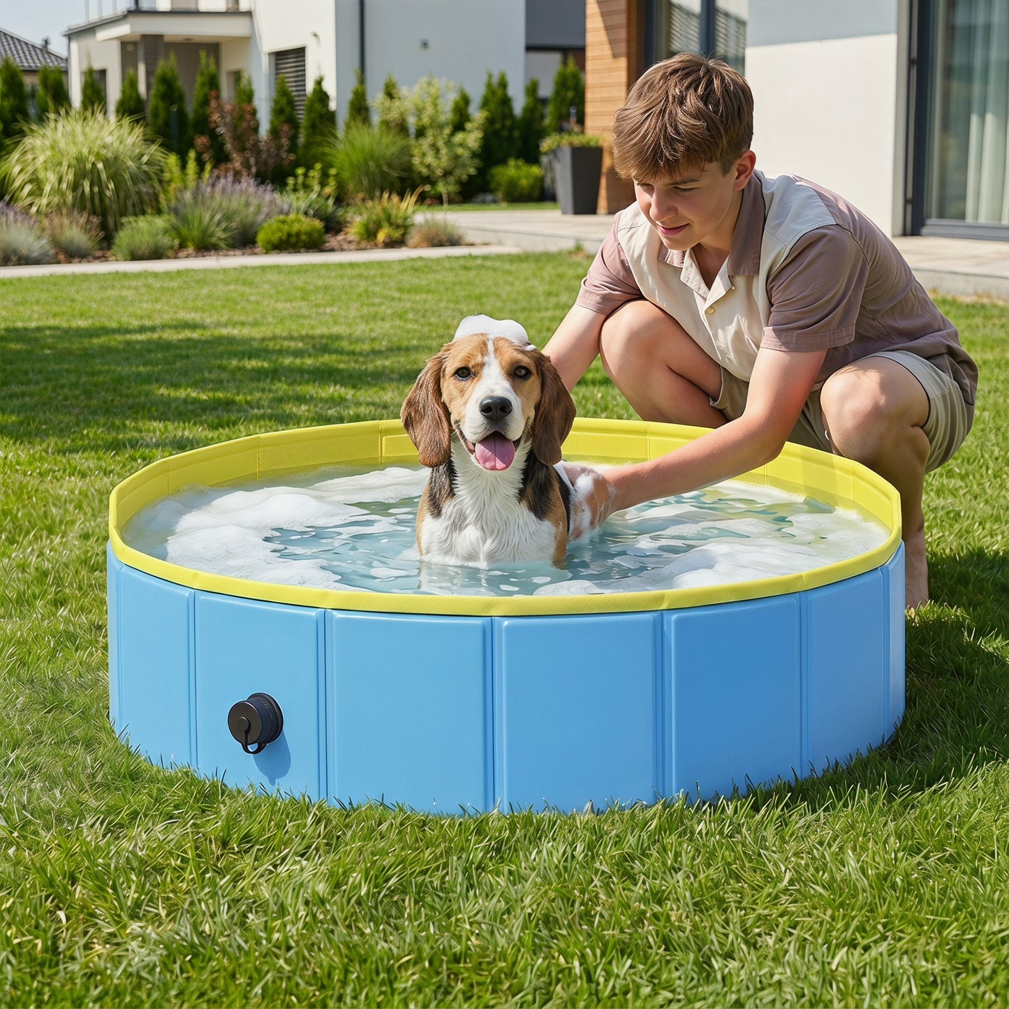Foldable Dog Pool for Puppies and Ducks, Thickened PVC Dog Paddling Pool Bath Tub Hard Board, Anti-Slip Bottom and Hose Adapter for Easy Drainage, 100 x 30cm, Blue and Yellow