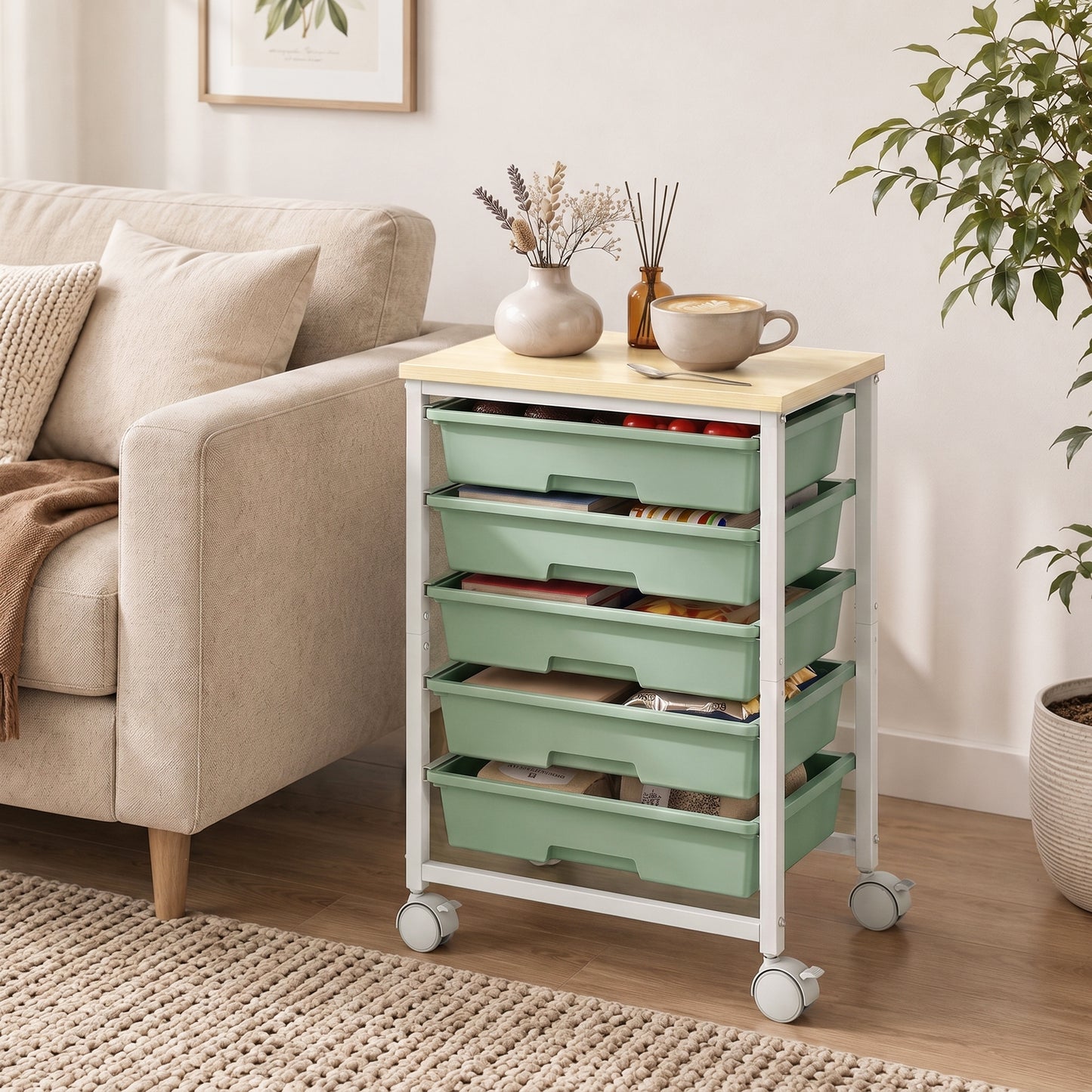 6-Tier Storage Trolley on Wheels with 5 Pull-Out Drawers, Green
