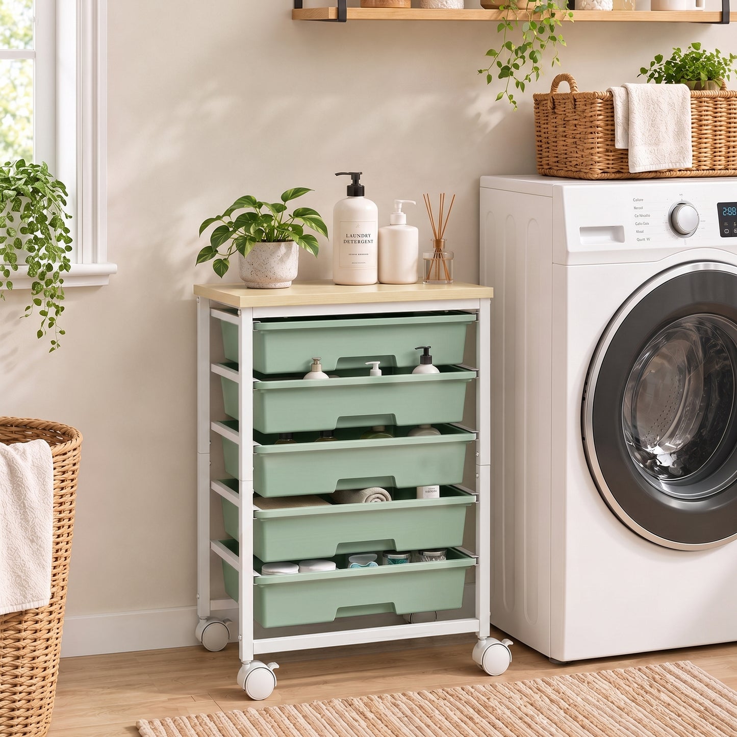 6-Tier Storage Trolley on Wheels with 5 Pull-Out Drawers, Green