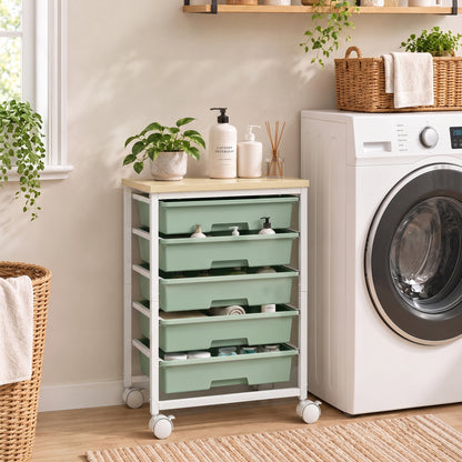 6-Tier Storage Trolley on Wheels with 5 Pull-Out Drawers, Green