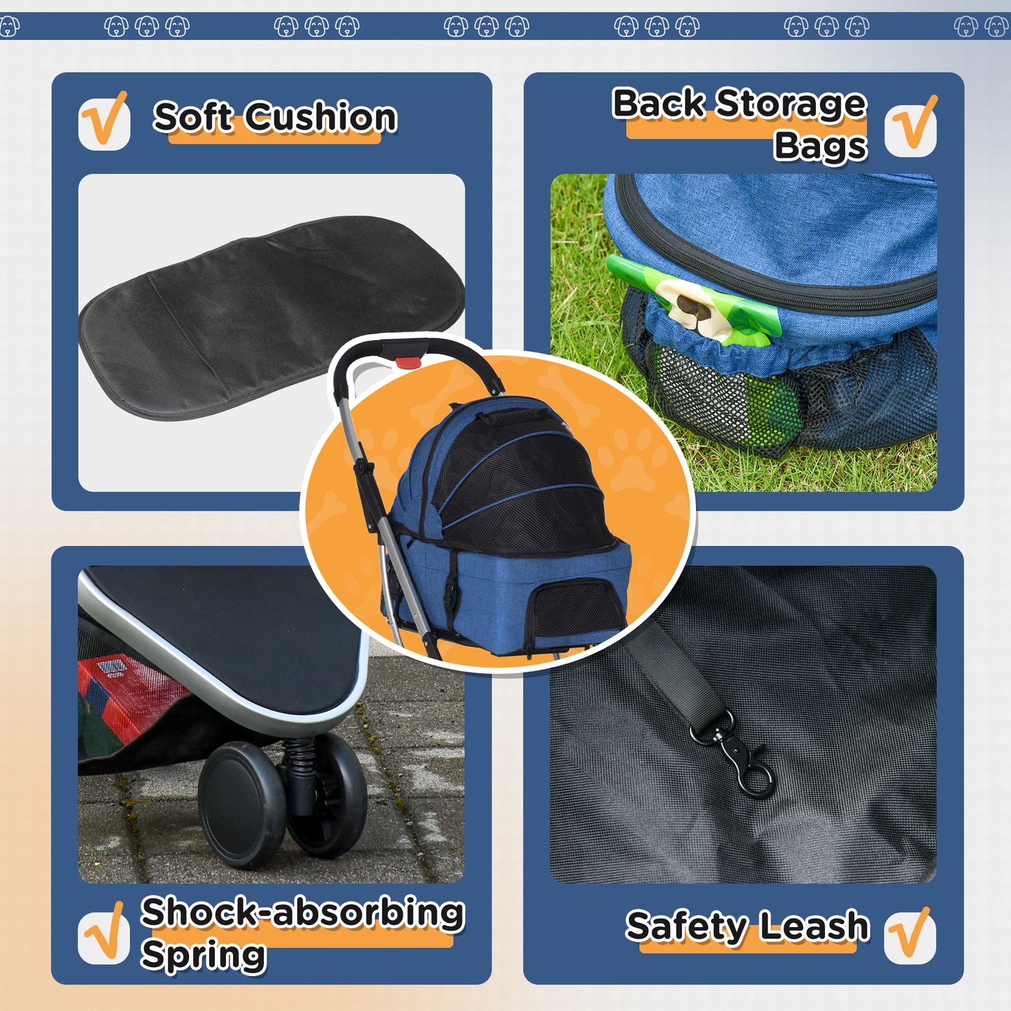 Detachable Pet Stroller Pushchair Foldable Dog Cat Travel Carriage 2-In-1 Design Carrying Bag Blue