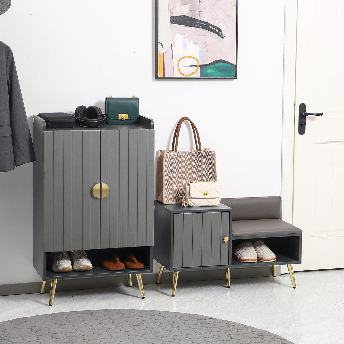 Shoe Storage Cabinet with Beadboard Doors for 15 Pairs of Shoes, Grey