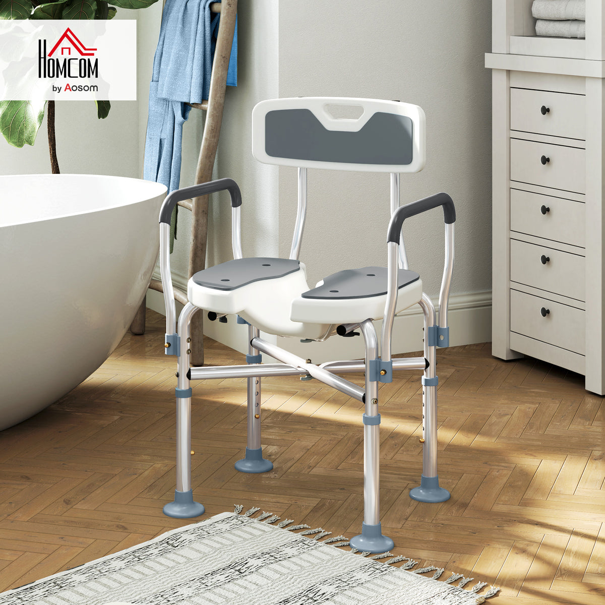 Padded Bath Chair with Slotted Seat and Adjustable Height, Grey