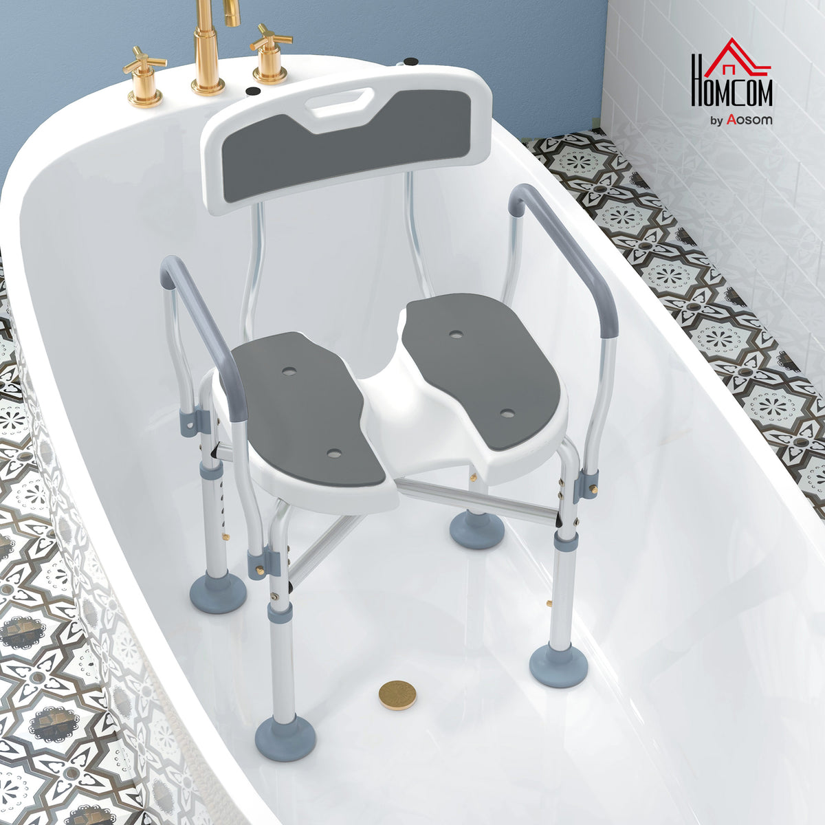Padded Bath Chair with Slotted Seat and Adjustable Height, Grey