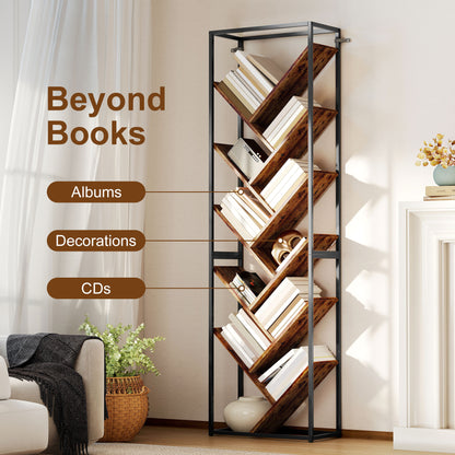 10 Tier Tree Bookshelf Industrial Tall Bookcase Rustic Brown Black