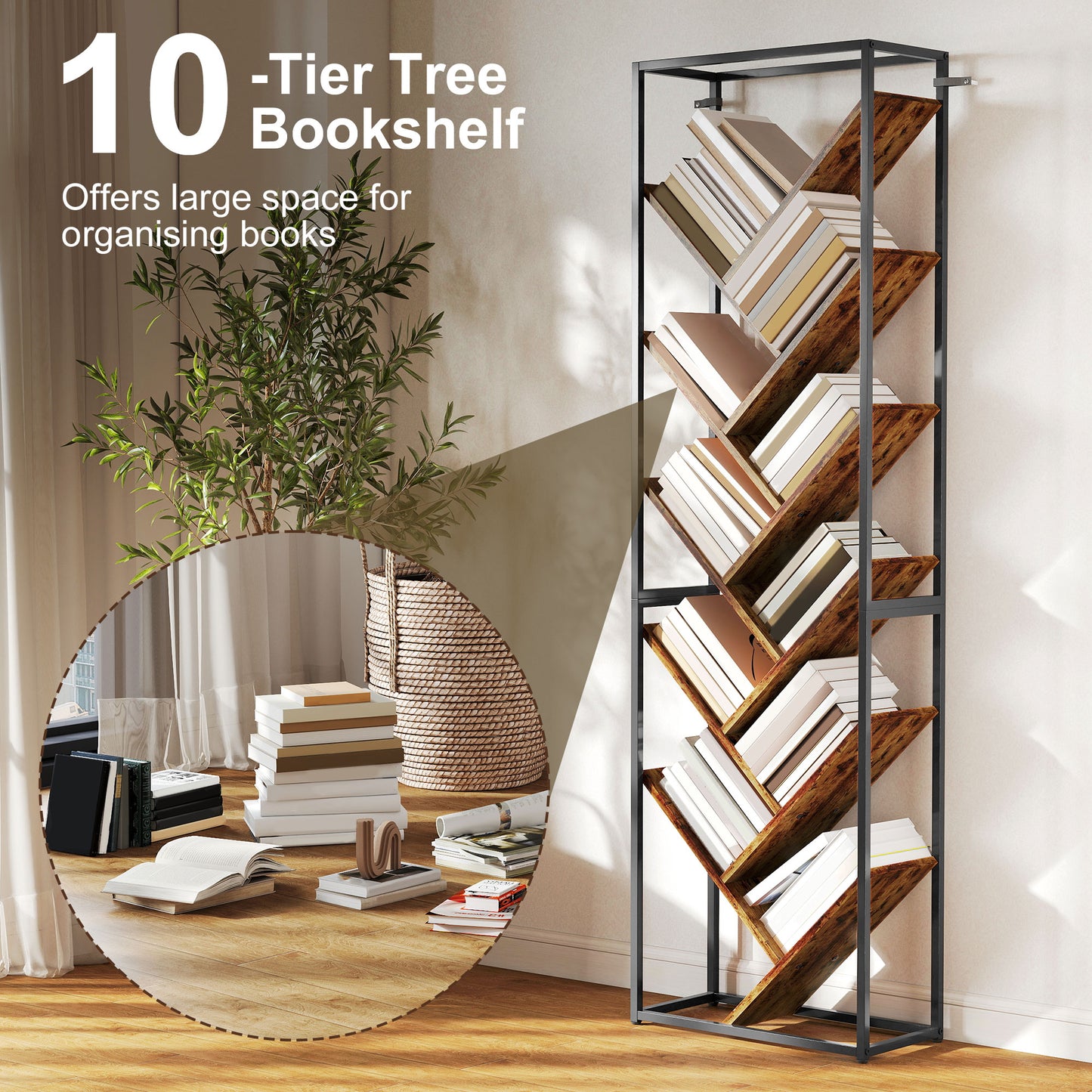 10 Tier Tree Bookshelf Industrial Tall Bookcase Rustic Brown Black