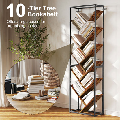 10 Tier Tree Bookshelf Industrial Tall Bookcase Rustic Brown Black