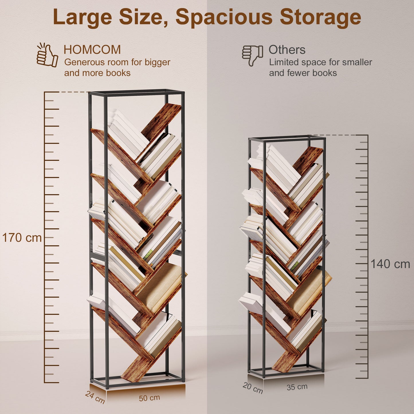 10 Tier Tree Bookshelf Industrial Tall Bookcase Rustic Brown Black