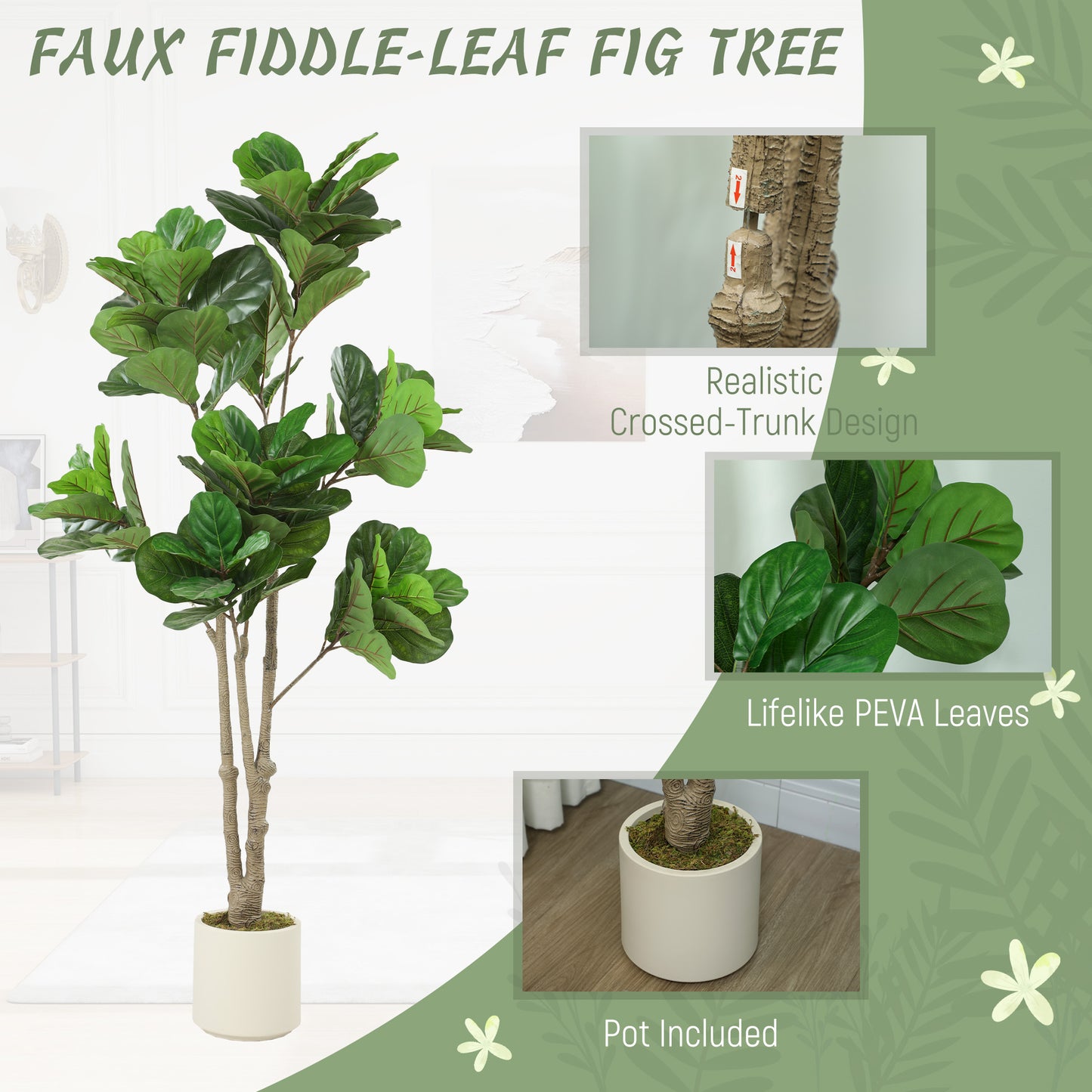 180cm Artificial Fiddle Leaf Fig Tree, Realistic Fake Plant, Green
