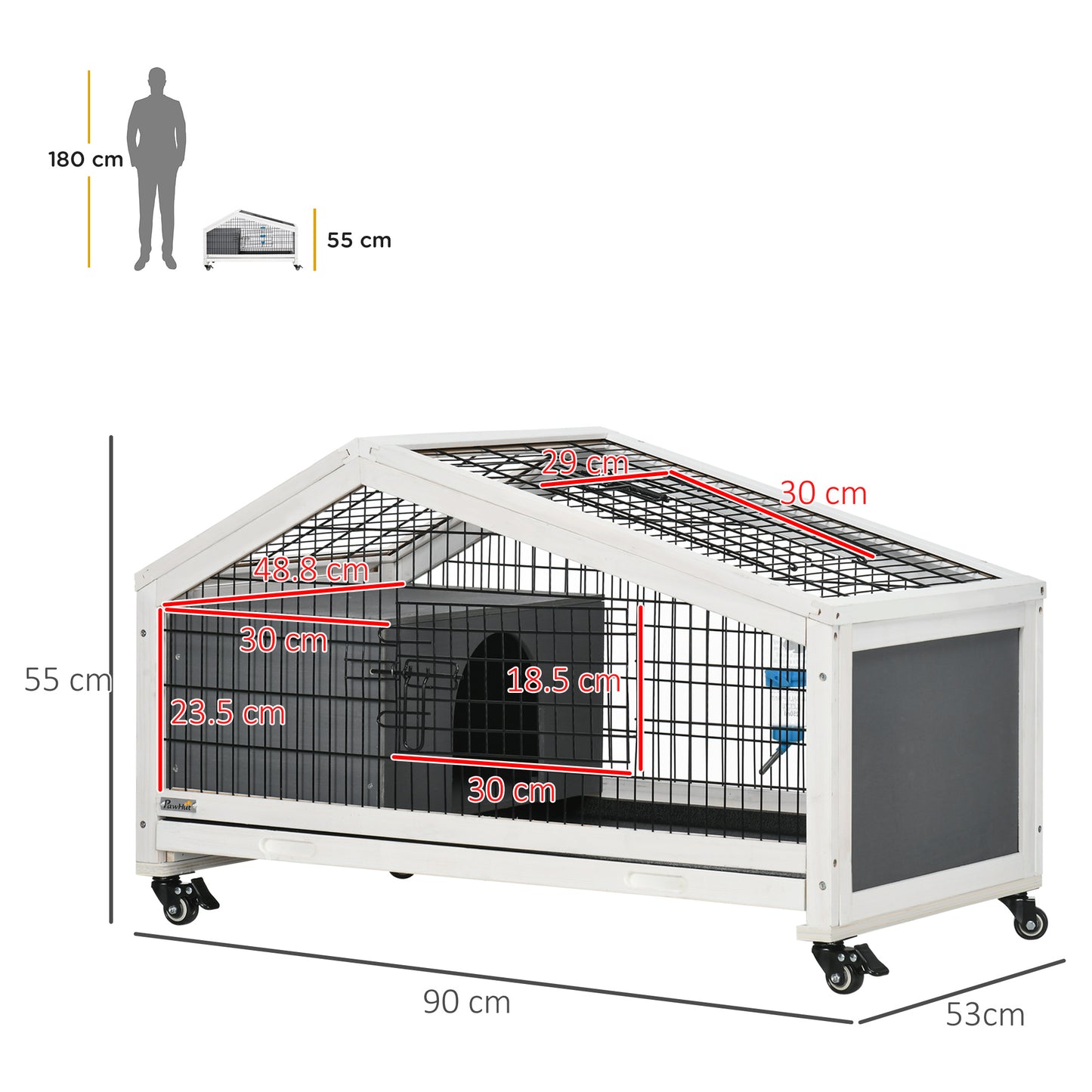 Rabbit Cage with Water Bottle, Wheels, Plastic Slide-Out Tray - Dark Grey