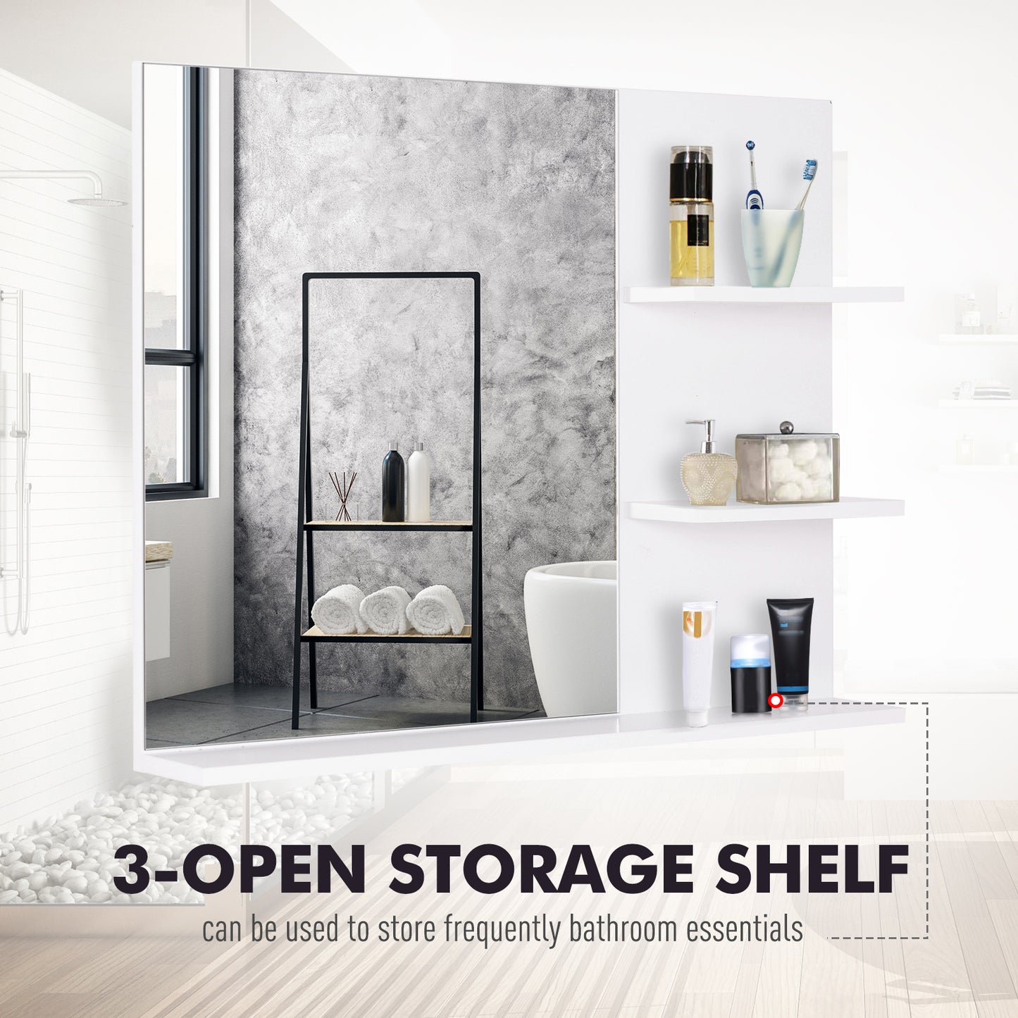 Bathroom Mirror Wall Mount Vanity Mirror with 3 Storage Shelves, White