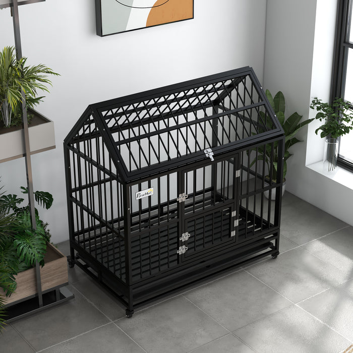 48" Heavy Duty Dog Crate on Wheels, with Removable Tray, Openable Top, for L, XL Dogs - Black