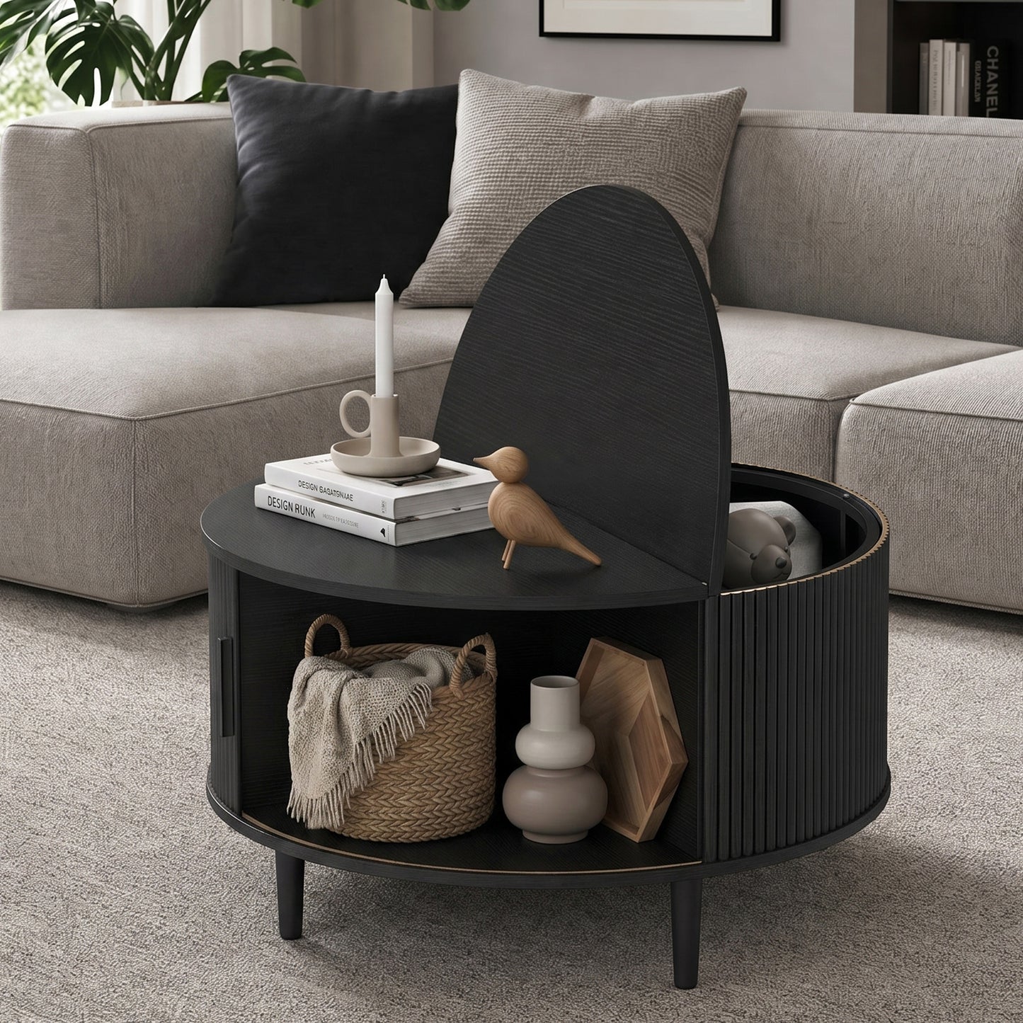 Round Coffee Table with Storage, 80 cm Modern Centre Table with Fluted Sliding Cabinet Door and Lift Top, Wood Circle Drum Table for Living Room, Black Wood Effect