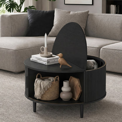 Round Coffee Table with Storage, 80 cm Modern Centre Table with Fluted Sliding Cabinet Door and Lift Top, Wood Circle Drum Table for Living Room, Black Wood Effect