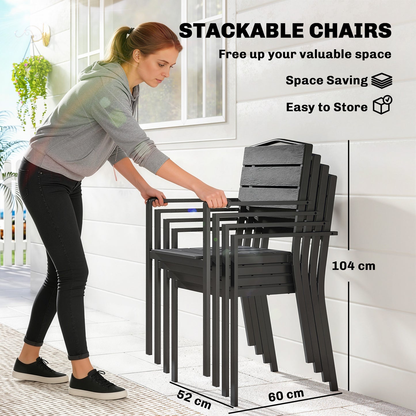 Garden Chairs Set of 4, Garden Dining Chairs, HDPE Seat, Black