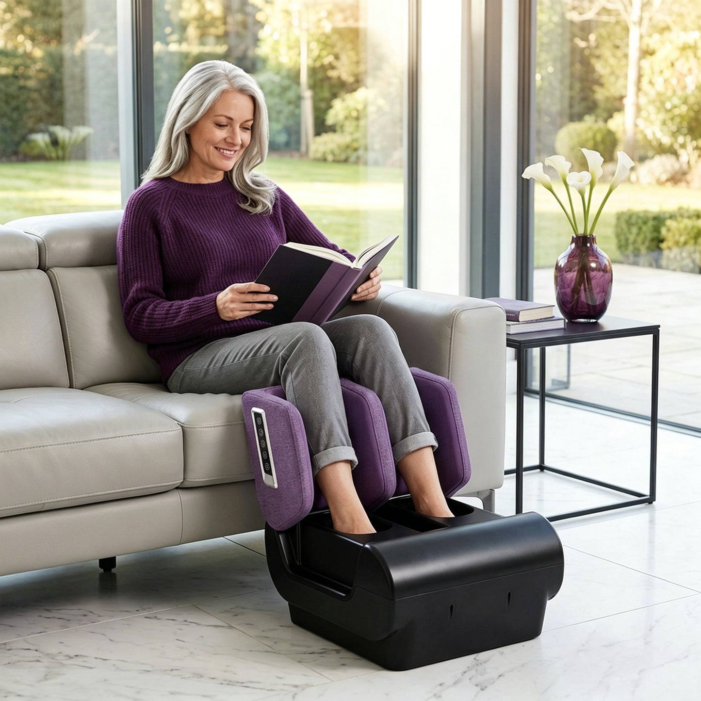Foot and Calf Massager, 2 in 1 Foot Massager Machine & Ottoman with Shiatsu Foot with Heat, Air Compression, Timer, 3 Modes & Intensities for Feet, Ankle, Leg, Purple and Black
