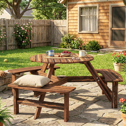 6 Person Fir Wood Table Bench Set Outdoor Garden Patio, Carbonized