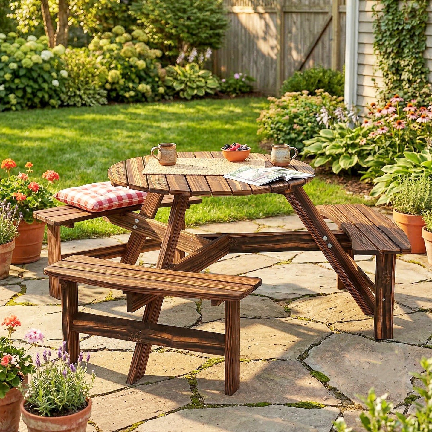6 Person Fir Wood Table Bench Set Outdoor Garden Patio, Carbonized
