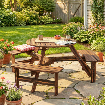 6 Person Fir Wood Table Bench Set Outdoor Garden Patio, Carbonized